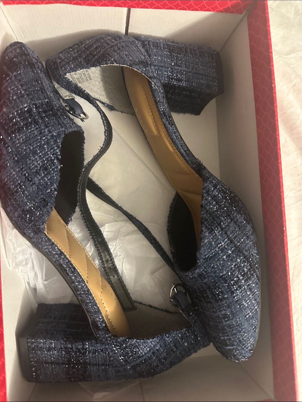 Kelly & Katie Navy Tweed Block Heel Pumps with Ankle Strap